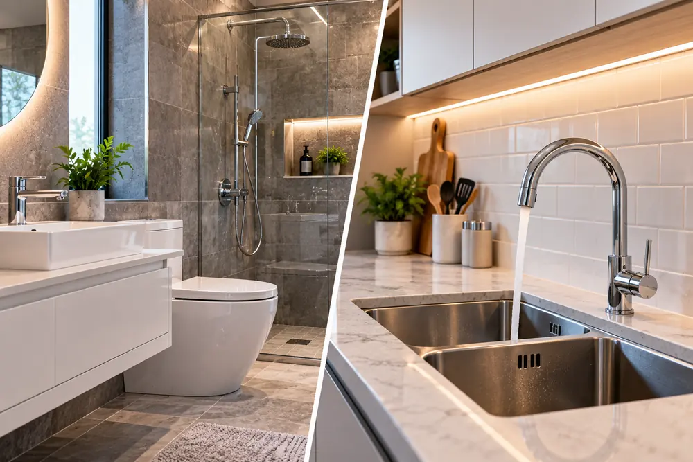 Modern bathroom with shower and toilet beside a kitchen sink and mixer tap