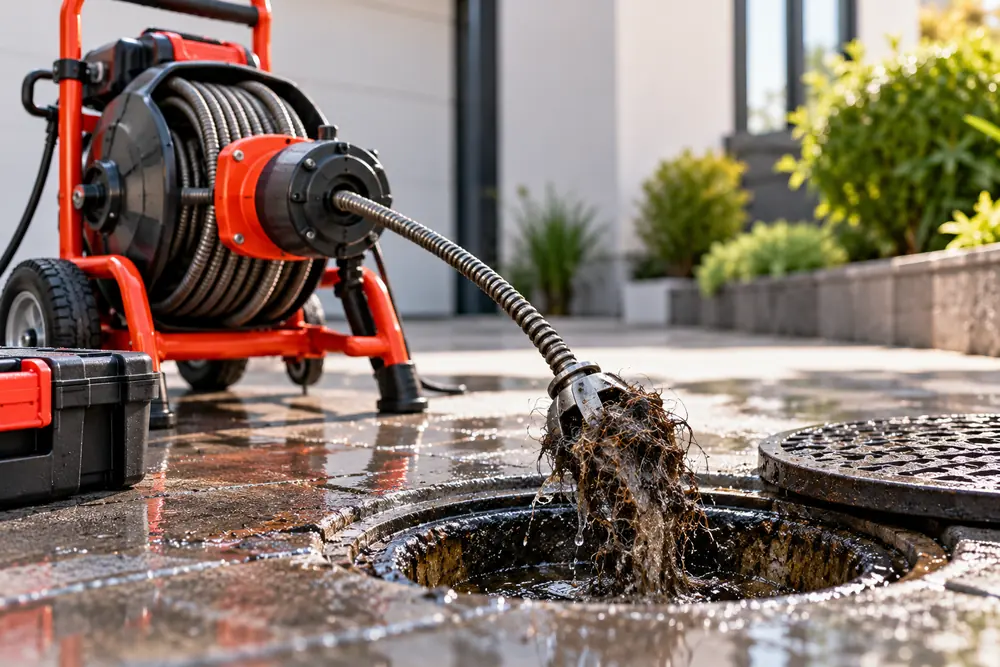 Drain machine clearing roots from a blocked outside drain