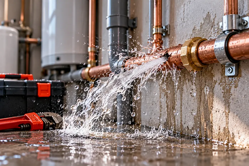 Burst copper pipe spraying water against a wall