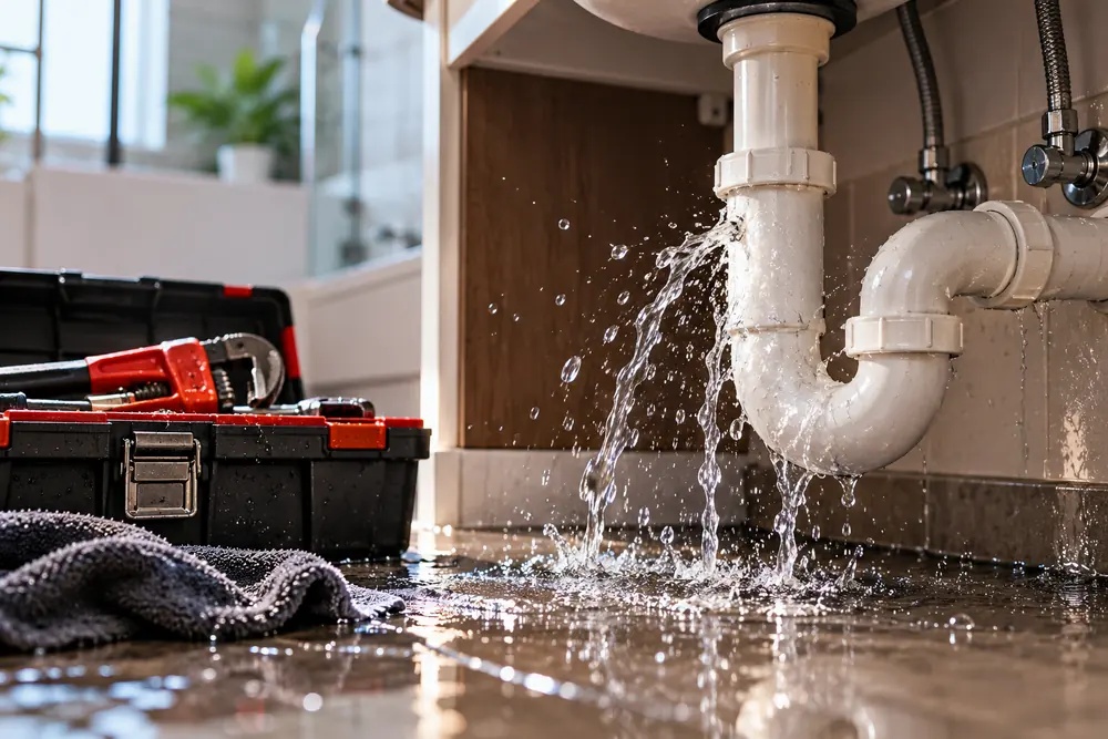 Leaking sink waste pipe flooding a bathroom floor, an emergency plumbing call-out