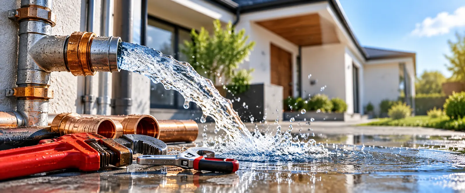 Water bursting from a broken pipe outside a Gauteng home, with plumbing tools ready for the repair