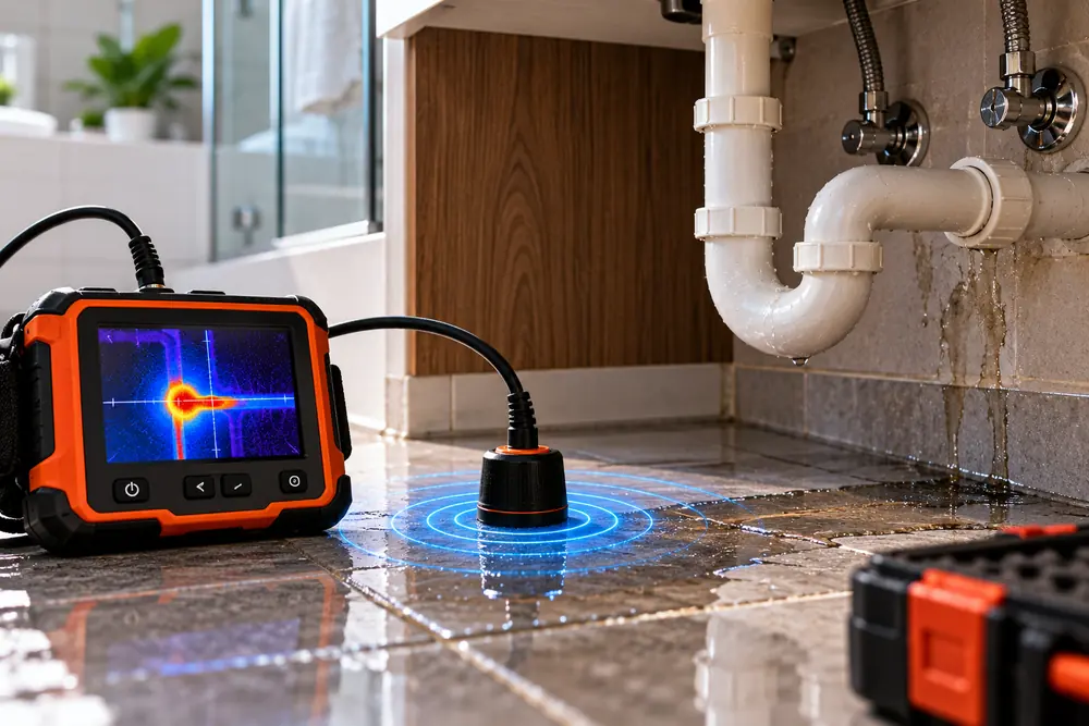 Electronic leak detection equipment locating a hidden water leak under tiles