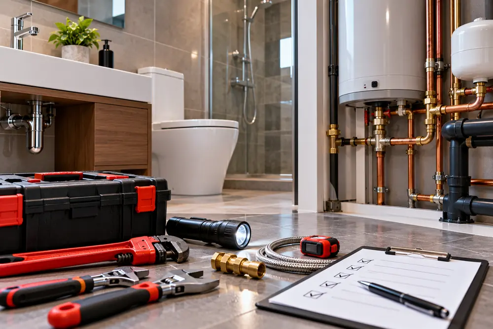 Plumbing tools, inspection checklist and geyser pipework during a maintenance check